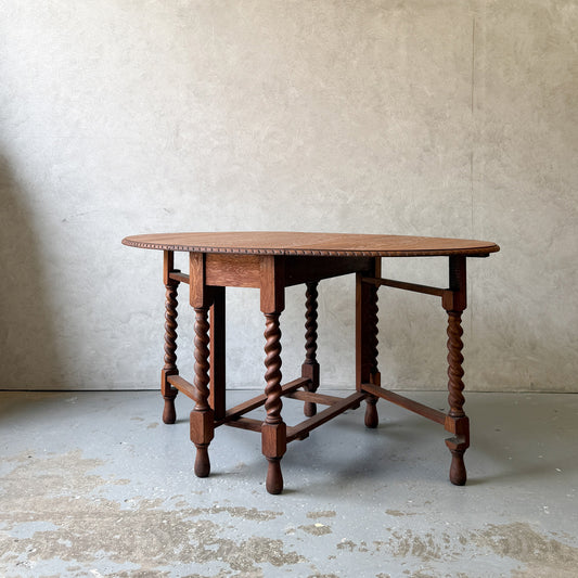 Antique English Oak Drop-Leaf Table with Barley Twist Legs