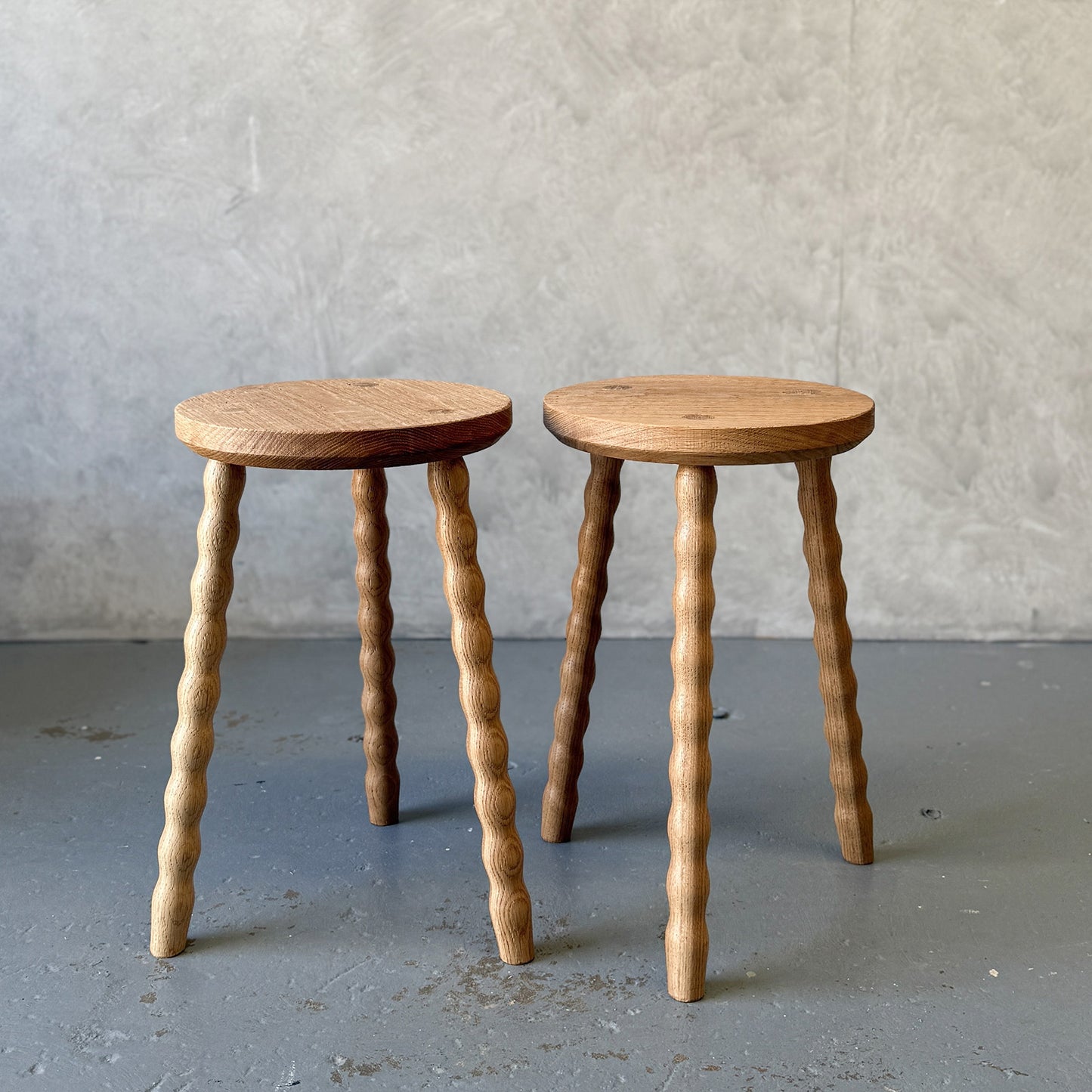 Round Bobbin Stool in American Oak with hand-turned legs, no stretcher base